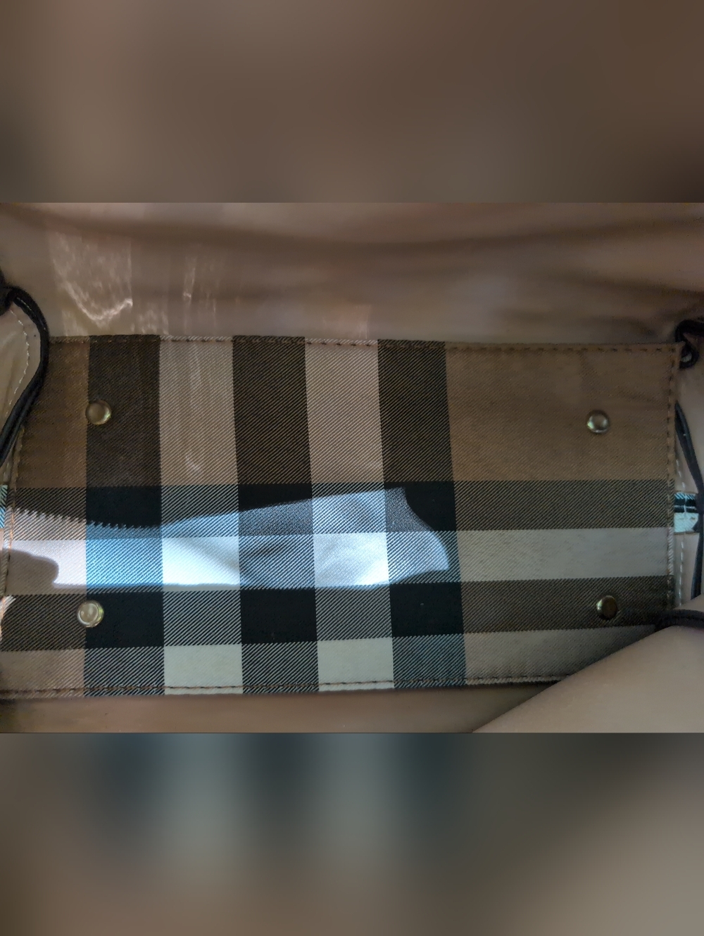 Burberry Taupe and Beige Check Small Tote with Gold Hardware - Picture 4 of 6